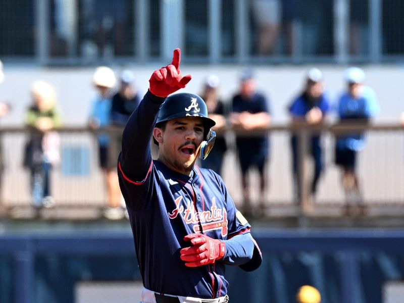 Feb 24, 2024; Port Charlotte, Florida, USA; Atlanta Braves shortstop Ignacio Alvarez (92) reacts after hitting a two RBI double in the second inning of a spring training game against theTampa Bay Rays at Charlotte Sports Park. Mandatory Credit: Jonathan Dyer-USA TODAY Sports