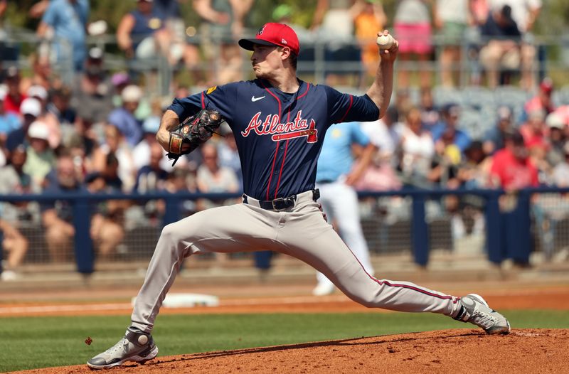 Mar 18, 2024; Port Charlotte, Florida, USA;  Atlanta Braves starting pitcher Max Fried (54) throws a pitch during the first inning against the Tampa Bay Rays at Charlotte Sports Park. Mandatory Credit: Kim Klement Neitzel-USA TODAY Sports