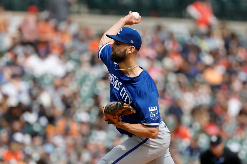 Apr 28, 2024; Detroit, Michigan, USA;  Kansas City Royals pitcher Nick Anderson (63) pitches in the seventh inning against the Detroit Tigers at Comerica Park. Mandatory Credit: Rick Osentoski-USA TODAY Sports