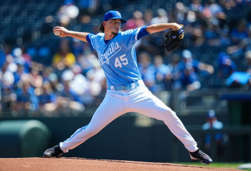 Sep 3, 2023; Kansas City, Missouri, USA; Kansas City Royals starting pitcher Taylor Clarke (45) pitches during the first inning against the Boston Red Sox at Kauffman Stadium. Mandatory Credit: Jay Biggerstaff-USA TODAY Sports