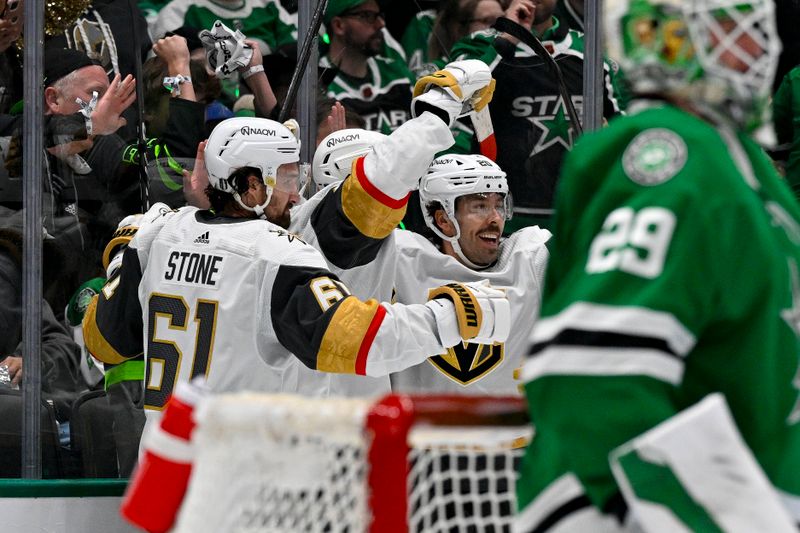 Apr 22, 2024; Dallas, Texas, USA; Vegas Golden Knights right wing Mark Stone (61) and center Chandler Stephenson (20) and center Tomas Hertl (48) celebrates a goal scored by Hertl against the Dallas Stars during the first period in game one of the first round of the 2024 Stanley Cup Playoffs at the American Airlines Center. Mandatory Credit: Jerome Miron-USA TODAY Sports