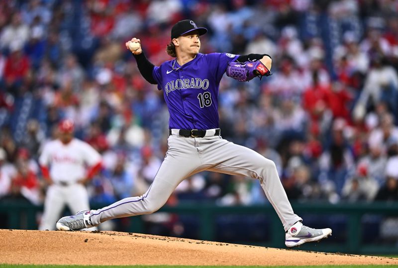 Apr 17, 2024; Philadelphia, Pennsylvania, USA; Colorado Rockies starting pitcher Ryan Feltner (18) throws a pitch against the Philadelphia Phillies in the first inning at Citizens Bank Park. Mandatory Credit: Kyle Ross-USA TODAY Sports