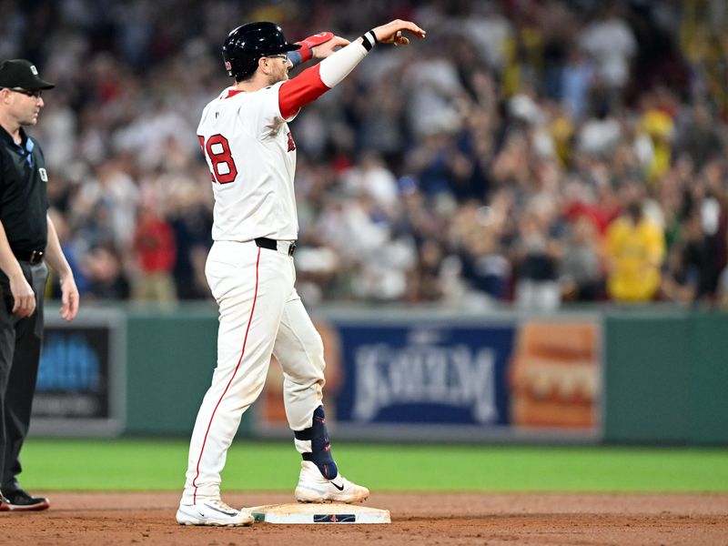 Aug 14, 2024; Boston, Massachusetts, USA; Boston Red Sox catcher Danny Jansen (28) reacts after hitting a RBI single against the Texas Rangers during the eighth inning at Fenway Park. Mandatory Credit: Brian Fluharty-USA TODAY Sports