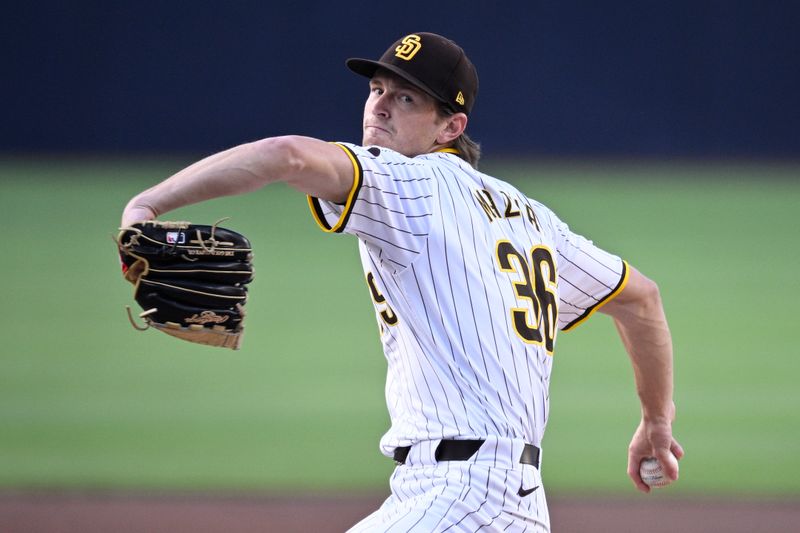 Jun 25, 2024; San Diego, California, USA; San Diego Padres starting pitcher Adam Mazur (36) pitches against the Washington Nationals during the first inning at Petco Park. Mandatory Credit: Orlando Ramirez-USA TODAY Sports