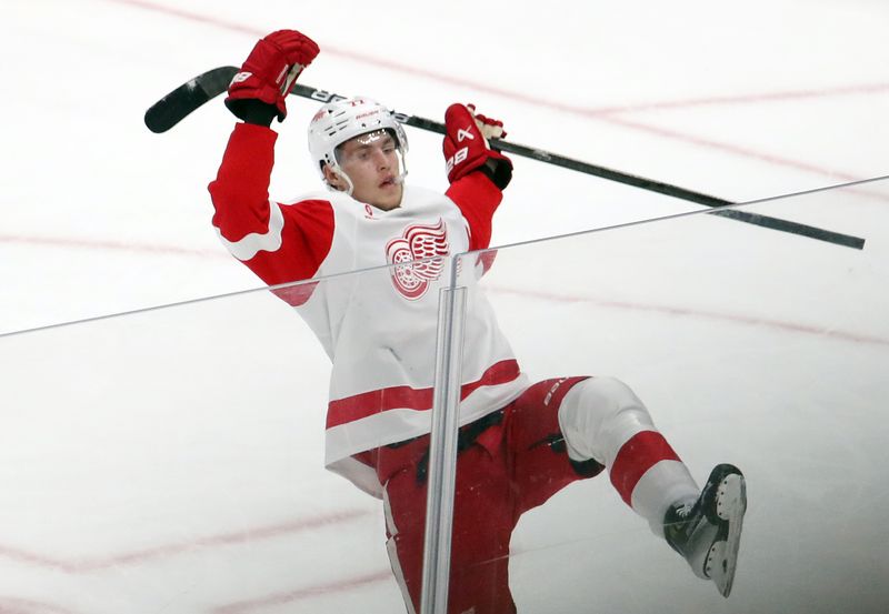 Nov 13, 2024; Pittsburgh, Pennsylvania, USA;  Detroit Red Wings defenseman Simon Edvinsson (77) reacts after scoring the game winning goal in overtime against the Pittsburgh Penguins at PPG Paints Arena. Mandatory Credit: Charles LeClaire-Imagn Images