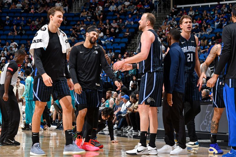 ORLANDO, FL - MARCH 19: Jalen Suggs #4 of the Orlando Magic smiles during the game against the Charlotte Hornets on March 19, 2024 at the Kia Center in Orlando, Florida. NOTE TO USER: User expressly acknowledges and agrees that, by downloading and or using this photograph, User is consenting to the terms and conditions of the Getty Images License Agreement. Mandatory Copyright Notice: Copyright 2024 NBAE (Photo by Fernando Medina/NBAE via Getty Images)