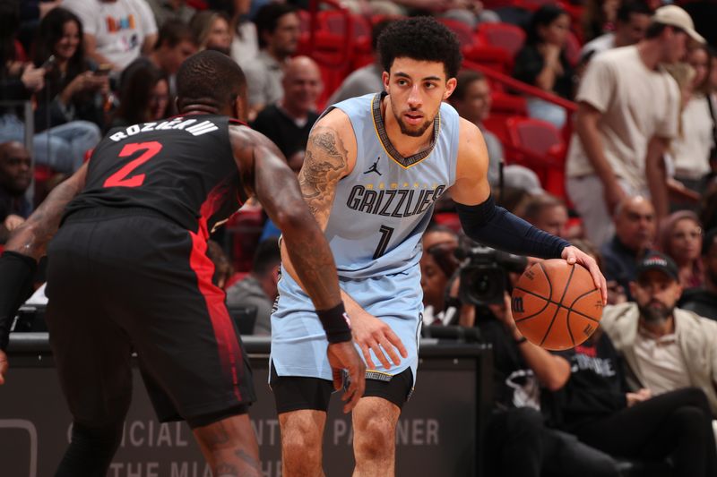 MIAMI, FL - JANUARY 24:  Scotty Pippen Jr. #1 of the Memphis Grizzlies handles the ball during the game against the Miami Heat on January 24, 2024 at Kaseya Center in Miami, Florida. NOTE TO USER: User expressly acknowledges and agrees that, by downloading and or using this Photograph, user is consenting to the terms and conditions of the Getty Images License Agreement. Mandatory Copyright Notice: Copyright 2024 NBAE (Photo by Issac Baldizon/NBAE via Getty Images)