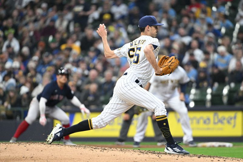 Apr 23, 2023; Milwaukee, Wisconsin, USA; Milwaukee Brewers relief pitcher Hoby Milner (55) delivers against the Boston Red Sox during the seventh inning at American Family Field. Mandatory Credit: Michael McLoone-USA TODAY Sports