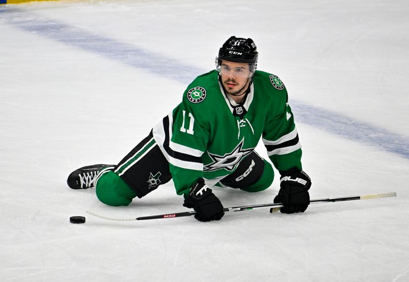 May 23, 2024; Dallas, Texas, USA; Dallas Stars center Logan Stankoven (11) warms up prior to the game between the Dallas Stars and the Edmonton Oilers in game one of the Western Conference Final of the 2024 Stanley Cup Playoffs at American Airlines Center. Mandatory Credit: Jerome Miron-USA TODAY Sports