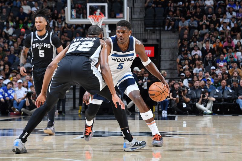 SAN ANTONIO, TX - NOVEMBER 2: Anthony Edwards #5 of the Minnesota Timberwolves dribbles the ball during the game against the San Antonio Spurs on November 2, 2024 at the Frost Bank Center in San Antonio, Texas. NOTE TO USER: User expressly acknowledges and agrees that, by downloading and or using this photograph, user is consenting to the terms and conditions of the Getty Images License Agreement. Mandatory Copyright Notice: Copyright 2024 NBAE (Photos by Michael Gonzales/NBAE via Getty Images)