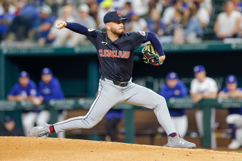 May 15, 2024; Arlington, Texas, USA; Cleveland Guardians pitcher Peter Strzelecki (34) pitches during the sixth inning against the Texas Rangers at Globe Life Field. Mandatory Credit: Andrew Dieb-USA TODAY Sports