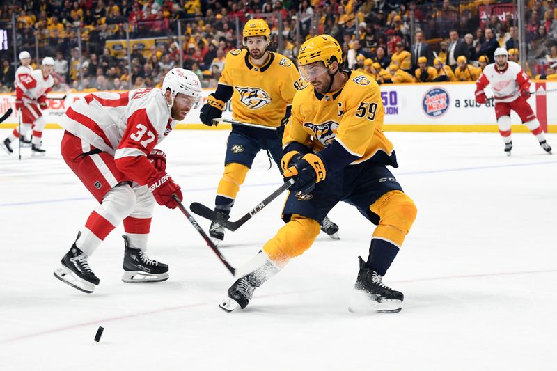 Mar 23, 2024; Nashville, Tennessee, USA; Nashville Predators defenseman Roman Josi (59) defends Detroit Red Wings left wing J.T. Compher (37) during the second period at Bridgestone Arena. Mandatory Credit: Christopher Hanewinckel-USA TODAY Sports