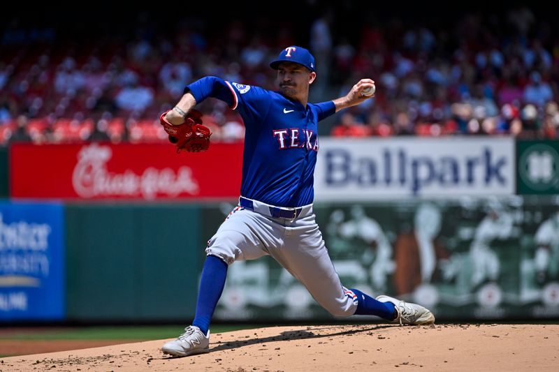 Jul 31, 2024; St. Louis, Missouri, USA;  Texas Rangers starting pitcher Andrew Heaney (44) pitches against the St. Louis Cardinals during the first inning at Busch Stadium. Mandatory Credit: Jeff Curry-USA TODAY Sports