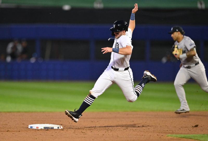 Aug 18, 2024; Williamsport, Pennsylvania, USA; Detroit Tigers infielder Jace Jung (17) rounds second base against the New York Yankees in the fifth inning at BB&T Ballpark at Historic Bowman Field. Mandatory Credit: Kyle Ross-USA TODAY Sports