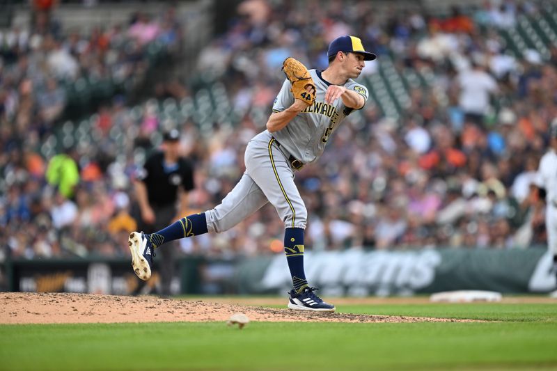 Jun 9, 2024; Detroit, Michigan, USA;  Milwaukee Brewers pitcher Hoby Milner (55) throws a pitch against the Detroit Tigers in the fifth inning at Comerica Park. Mandatory Credit: Lon Horwedel-USA TODAY Sports