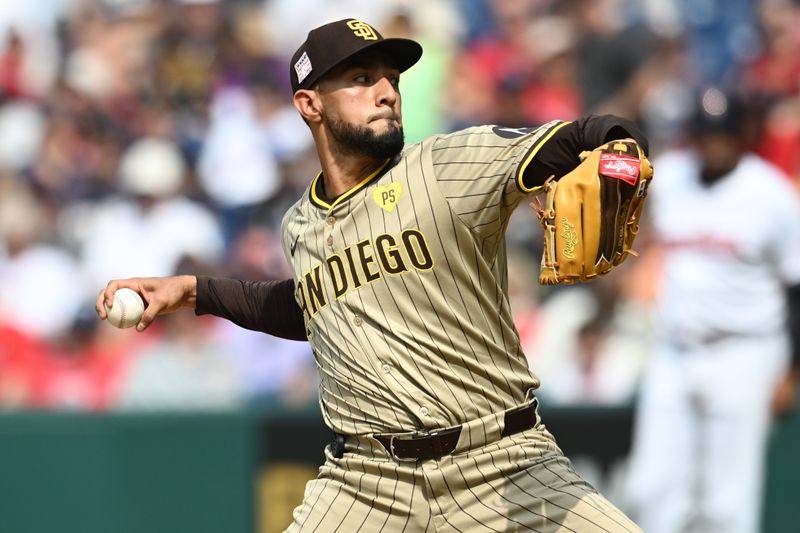 Jul 21, 2024; Cleveland, Ohio, USA; San Diego Padres relief pitcher Robert Suarez (75) throws a pitch during the ninth inning against the Cleveland Guardians at Progressive Field. Mandatory Credit: Ken Blaze-USA TODAY Sports