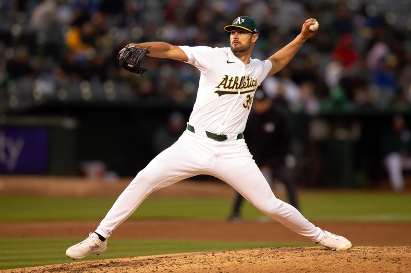 May 24, 2024; Oakland, California, USA; Oakland Athletics pitcher Kyle Muller (39) delivers a pitch against the Houston Astros during the fourth inning at Oakland-Alameda County Coliseum. Mandatory Credit: D. Ross Cameron-USA TODAY Sports