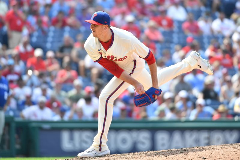 Aug 6, 2023; Philadelphia, Pennsylvania, USA; Philadelphia Phillies relief pitcher Jeff Hoffman (68) throws a pitch against the Kansas City Royals during the ninth inning at Citizens Bank Park. Mandatory Credit: Eric Hartline-USA TODAY Sports