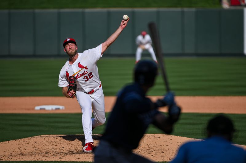 Mar 26, 2026; St. Louis, Missouri, USA; St. Louis Cardinals starting pitcher Matthew Liberatore (32) pitches against Tampa Bay Rays right fielder Jonny DeLuca (21) during the fifth inning at Busch Stadium. Mandatory Credit: Jeff Curry-Imagn Images