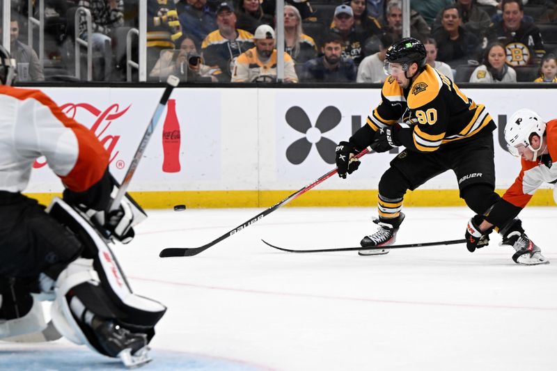 Oct 1, 2024; Boston, Massachusetts, USA; oston Bruins forward Tyler Johnson (90) controls the puck against the Philadelphia Flyers during the third period at the TD Garden. Mandatory Credit: Brian Fluharty-Imagn Images