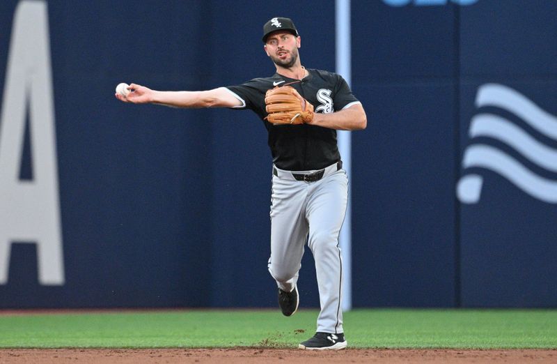 May 21, 2024; Toronto, Ontario, CAN;  Chicago White Sox shortstop Paul DeJong (29) throws out Toronto Blue Jays first baseman Justin Turner (not shown) in the second inning at Rogers Centre. Mandatory Credit: Dan Hamilton-USA TODAY Sports