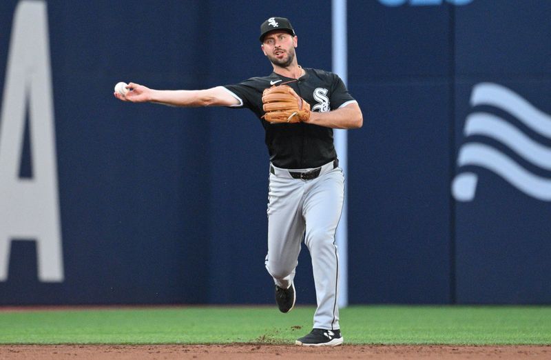 May 21, 2024; Toronto, Ontario, CAN;  Chicago White Sox shortstop Paul DeJong (29) throws out Toronto Blue Jays first baseman Justin Turner (not shown) in the second inning at Rogers Centre. Mandatory Credit: Dan Hamilton-USA TODAY Sports