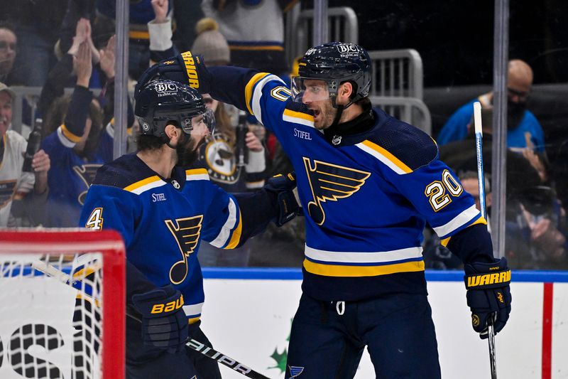 Dec 14, 2023; St. Louis, Missouri, USA;  St. Louis Blues left wing Brandon Saad (20) celebrates with defenseman Nick Leddy (4) after scoring against the Ottawa Senators during the second period at Enterprise Center. Mandatory Credit: Jeff Curry-USA TODAY Sports