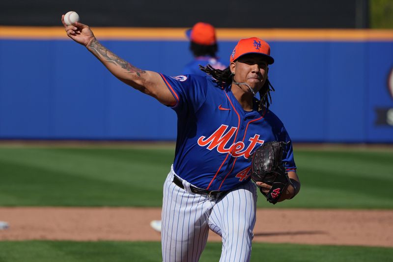 Feb 27, 2024; Port St. Lucie, Florida, USA;  New York Mets pitcher Dedniel Nunez (45) warms-up before the eighth inning against the Miami Marlins at Clover Park. Mandatory Credit: Jim Rassol-USA TODAY Sports