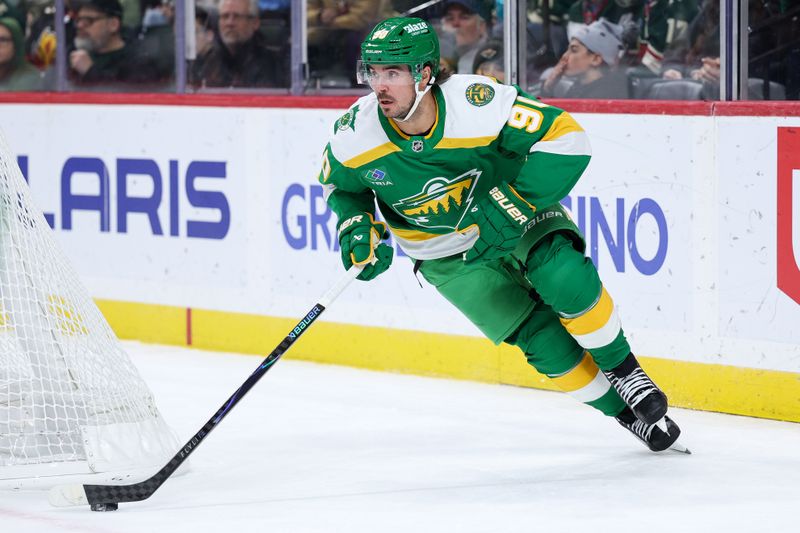 Nov 9, 2025; Saint Paul, Minnesota, USA; Minnesota Wild left wing Marcus Johansson (90) skates with the puck during the first period against the Calgary Flames at Grand Casino Arena. Mandatory Credit: Matt Krohn-Imagn Images