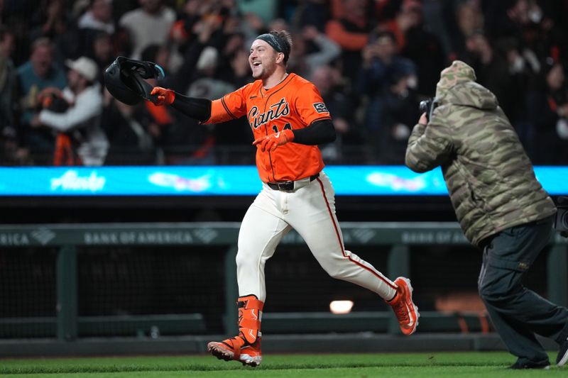 Apr 26, 2024; San Francisco, California, USA; San Francisco Giants catcher Patrick Bailey (14) rounds the bases after hitting a walk-off home run against the Pittsburgh Pirates during the ninth inning at Oracle Park. Mandatory Credit: Darren Yamashita-USA TODAY Sports