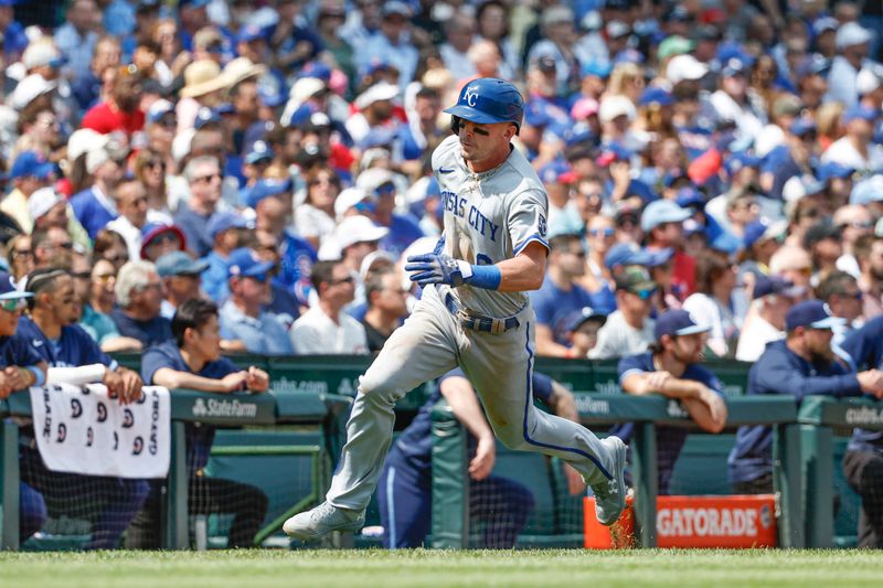 Aug 18, 2023; Chicago, Illinois, USA; Kansas City Royals center fielder Drew Waters (6) runs to score against the Chicago Cubs during the third inning at Wrigley Field. Mandatory Credit: Kamil Krzaczynski-USA TODAY Sports