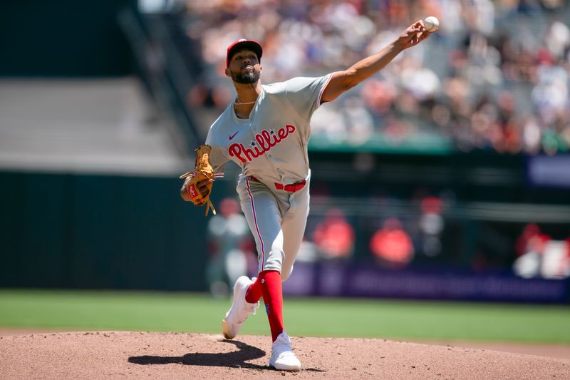 May 29, 2024; San Francisco, California, USA; Philadelphia Phillies starting pitcher Cristopher Sánchez (61) delivers a pitch against the San Francisco Giants during the first inning at Oracle Park. Mandatory Credit: D. Ross Cameron-USA TODAY Sports