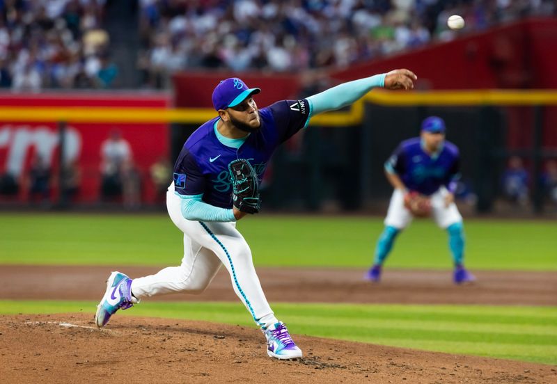 May 9, 2025; Phoenix, Arizona, USA; Arizona Diamondbacks pitcher Eduardo Rodriguez in the third inning against the Los Angeles Dodgers at Chase Field. Mandatory Credit: Mark J. Rebilas-Imagn Images