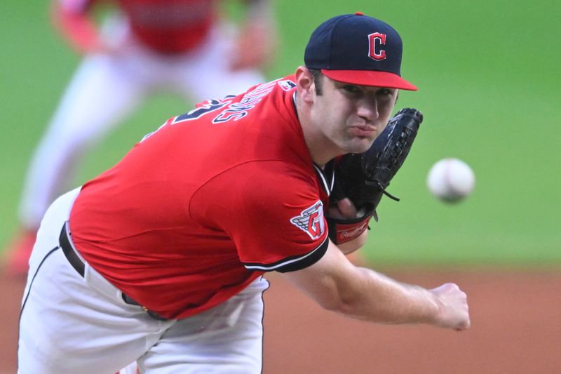 Sep 23, 2025; Cleveland, Ohio, USA; Cleveland Guardians starting pitcher Gavin Williams (32) delivers a pitch in the first inning against the Detroit Tigers at Progressive Field. Mandatory Credit: David Richard-Imagn Images