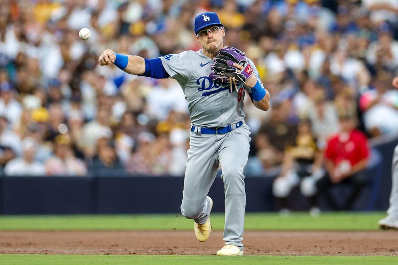 Jul 30, 2024; San Diego, California, USA; Los Angeles Dodgers third baseman Enrique Hernandez (8) makes the throw to first for an out during the third inning against the San Diego Padres at Petco Park. Mandatory Credit: David Frerker-USA TODAY Sports