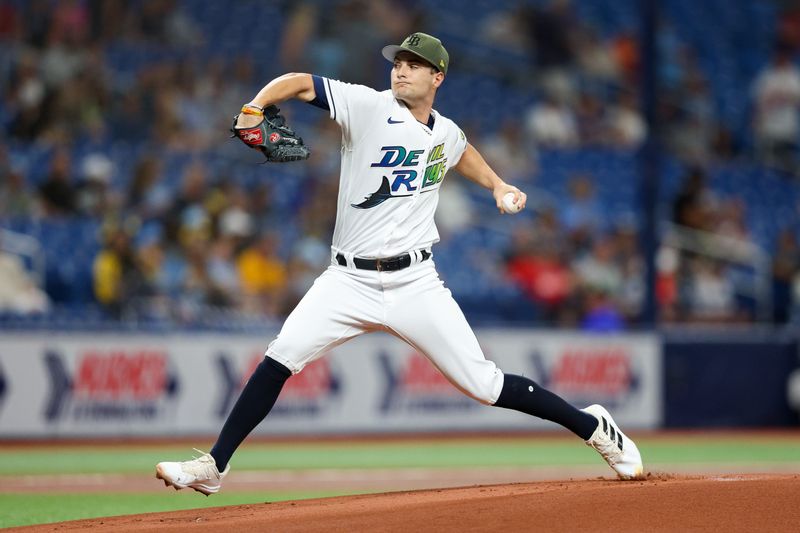 May 19, 2023; St. Petersburg, Florida, USA;  Tampa Bay Rays starting pitcher Shane McClanahan (18) throws a pitch against the Milwaukee Brewers in the first inning at Tropicana Field. Mandatory Credit: Nathan Ray Seebeck-USA TODAY Sports