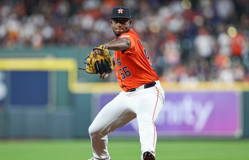 May 3, 2024; Houston, Texas, USA; Houston Astros starting pitcher Ronel Blanco (56) delivers a pitch during the second inning against the Seattle Mariners at Minute Maid Park. Mandatory Credit: Troy Taormina-USA TODAY Sports