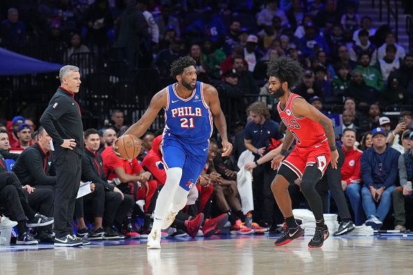 PHILADELPHIA, PA - DECEMBER 18: Joel Embiid #21 of the Philadelphia 76ers dribbles the ball during the game against the Chicago Bulls on December 18, 2023 at the Wells Fargo Center in Philadelphia, Pennsylvania NOTE TO USER: User expressly acknowledges and agrees that, by downloading and/or using this Photograph, user is consenting to the terms and conditions of the Getty Images License Agreement. Mandatory Copyright Notice: Copyright 2023 NBAE (Photo by Jesse D. Garrabrant/NBAE via Getty Images)