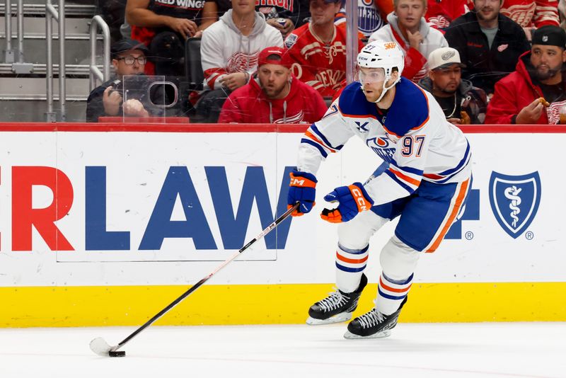 Oct 19, 2025; Detroit, Michigan, USA;  Edmonton Oilers center Connor McDavid (97) skates with the puck in the third period against the Detroit Red Wings at Little Caesars Arena. Mandatory Credit: Rick Osentoski-Imagn Images
