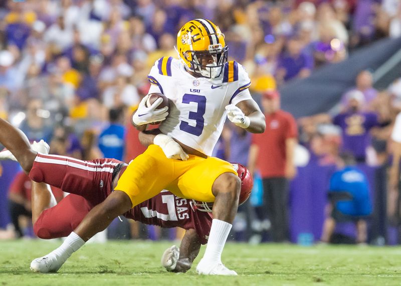 Sep 23, 2023; Baton Rouge, Louisiana, USA; LSU Tigers running back Logan Diggs (3) runs the ball during the game against the Arkansas Razorbacks at Tiger Stadium. Mandatory Credit: Scott Clause-USA TODAY Sports