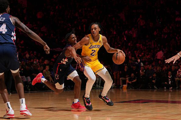 PHILADELPHIA, PA - NOVEMBER 27: Maxwell Lewis #21 of the Los Angeles Lakers dribbles the ball during the game against the Philadelphia 76ers on November 27, 2023 at the Wells Fargo Center in Philadelphia, Pennsylvania NOTE TO USER: User expressly acknowledges and agrees that, by downloading and/or using this Photograph, user is consenting to the terms and conditions of the Getty Images License Agreement. Mandatory Copyright Notice: Copyright 2023 NBAE (Photo by Jesse D. Garrabrant/NBAE via Getty Images)