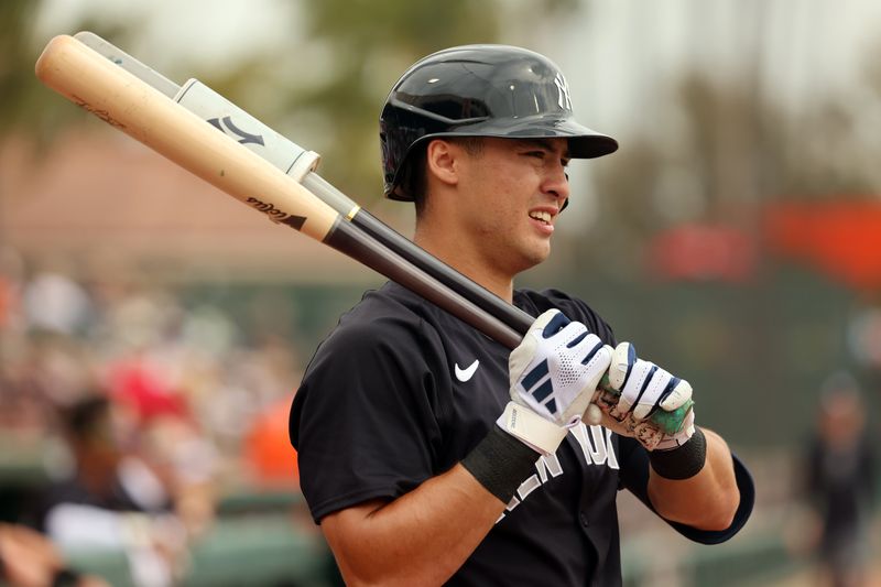 Mar 2, 2024; Sarasota, Florida, USA; New York Yankees shortstop Anthony Volpe (11) on deck to bat before the game against the Baltimore Orioles at Ed Smith Stadium. Mandatory Credit: Kim Klement Neitzel-USA TODAY Sports