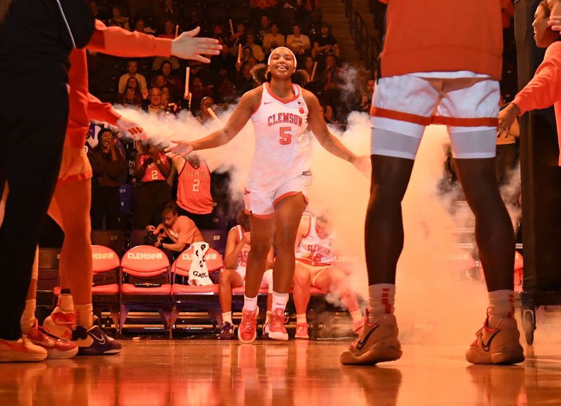 Nov 17, 2022; Clemson, South Carolina, USA; Clemson senior forward Amari Robinson (5) is introduced before tipoff against the South Carolina Gamecocks at Littlejohn Coliseum. Mandatory Credit: Ken Ruinard-USA TODAY Sports