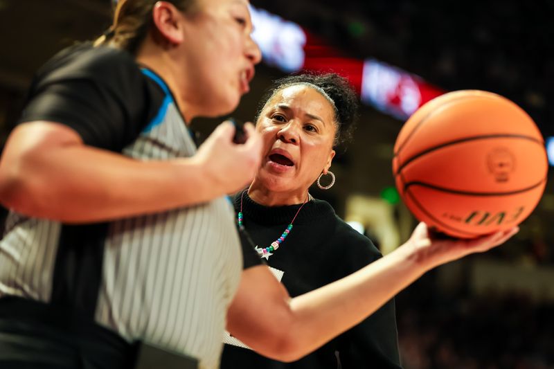 Feb 18, 2024; Columbia, South Carolina, USA; South Carolina Gamecocks head coach Dawn Staley disputes a call against the Georgia Lady Bulldogs in the second half at Colonial Life Arena. Mandatory Credit: Jeff Blake-USA TODAY Sports