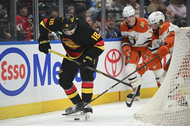 Apr 5, 2025; Vancouver, British Columbia, CAN;  Vancouver Canucks forward Drew O'Connor (18) battles for the puck against Anaheim Ducks defenseman Radko Gudas (7) during the second period at Rogers Arena. Mandatory Credit: Anne-Marie Sorvin-Imagn Images