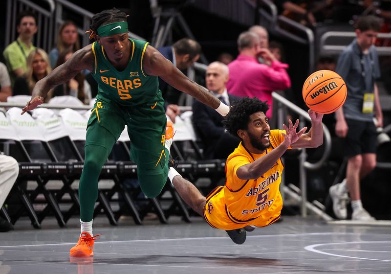 Mar 10, 2026; Kansas City, MO, USA; Arizona State Sun Devils guard Maurice Odum (5) passes against Baylor Bears guard Obi Agbim (5) during the first half at T-Mobile Center. Mandatory Credit: William Purnell-Imagn Images