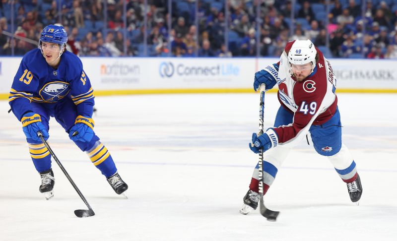 Dec 3, 2024; Buffalo, New York, USA;  Colorado Avalanche defenseman Samuel Girard (49) takes a shot on goal during the first period against the Buffalo Sabres at KeyBank Center. Mandatory Credit: Timothy T. Ludwig-Imagn Images