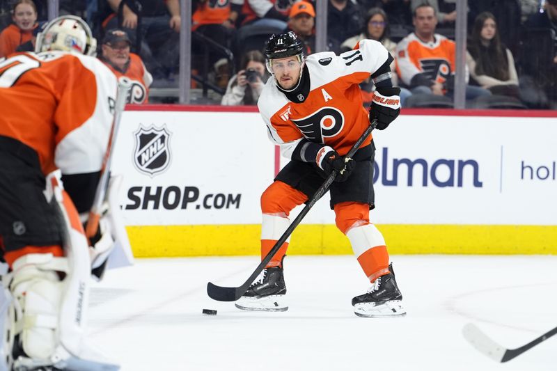 Mar 14, 2026; Philadelphia, Pennsylvania, USA; Philadelphia Flyers right wing Travis Konecny (11) controls the puck against the Columbus Blue Jackets in the first period at Xfinity Mobile Arena. Mandatory Credit: Kyle Ross-Imagn Images