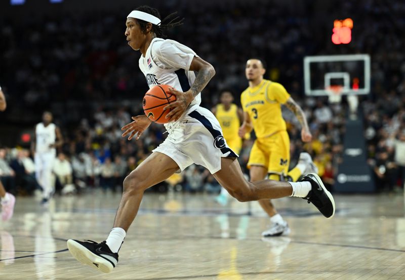 Jan 7, 2024; Philadelphia, Pennsylvania, USA; Penn State Nittany Lions guard Nick Kern Jr (3) drives against the Michigan Wolverines in the first half at The Palestra. Mandatory Credit: Kyle Ross-USA TODAY Sports