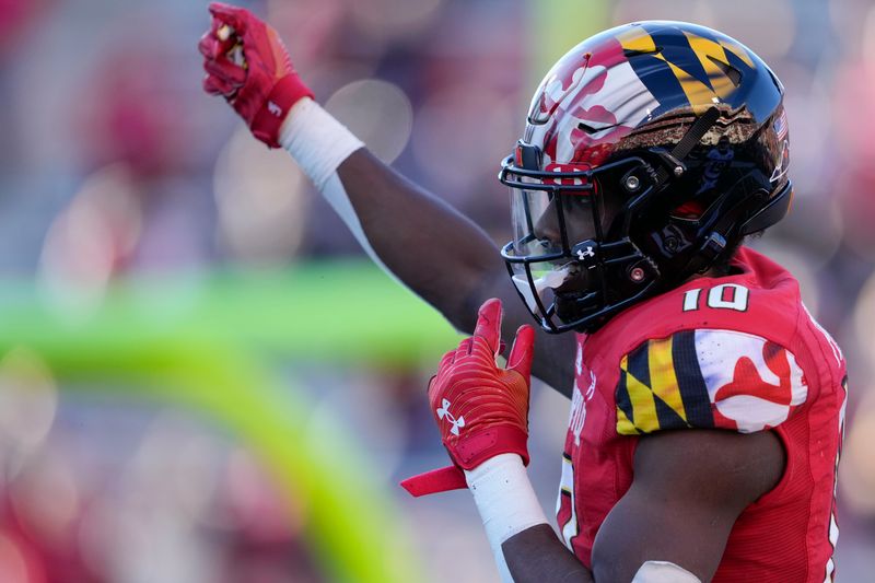 Nov 26, 2022; College Park, Maryland, USA; Maryland Terrapins wide receiver Tai Felton (10) reacts after a pass interference penalty is made against the Rutgers Scarlet Knights during the fourth quarter at SECU Stadium. Mandatory Credit: Brent Skeen-USA TODAY Sports